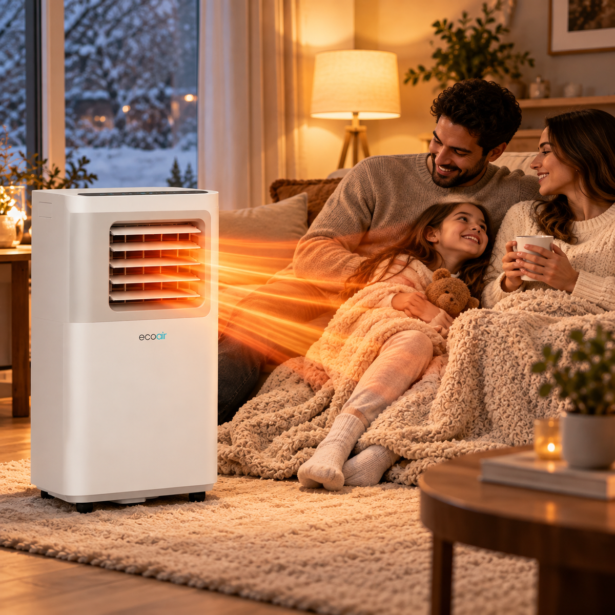 EcoAir Apollo 7K Portable Air Conditioner positioned beside a bed in a modern bedroom, offering convenient heating and cooling for year-round comfort.