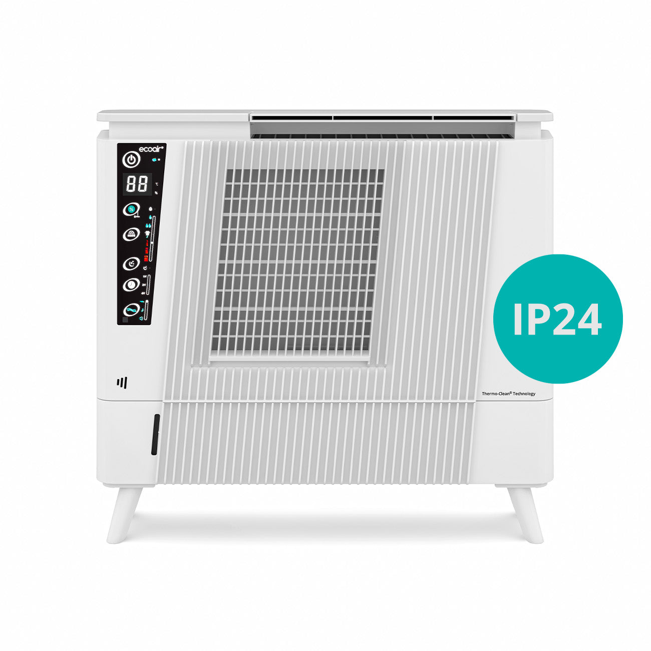 EcoAir desiccant dehumidifier with a remote control, either as a wall mount or free standing unit, predominantly white in color with digital display and control panel.