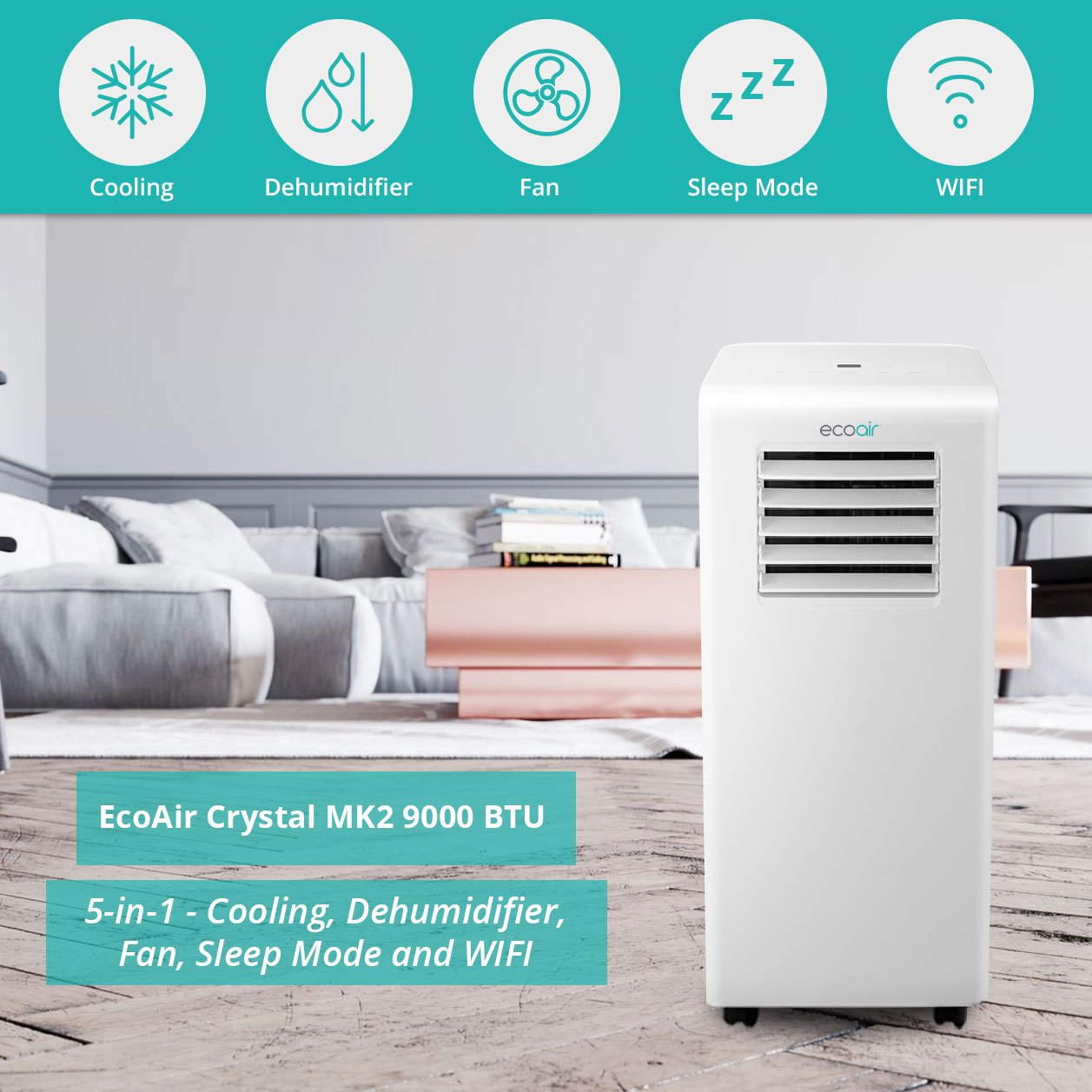 Portable Air Conditioning Class A Energy | 5-in1 Air Conditioning, Dehumidifier, Fan, Sleep Mode & WIFI | FREE Window Seal Kit | 9000 BTU Crystal MK2 - Like New