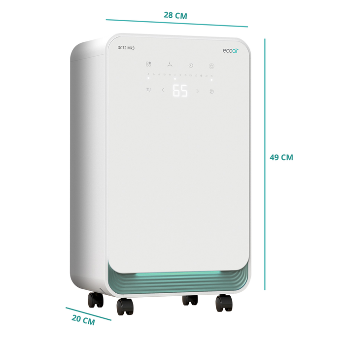 EcoAir DC12 MK3 Compact Portable Dehumidifier with Digital Hygrometer Display 12L/day