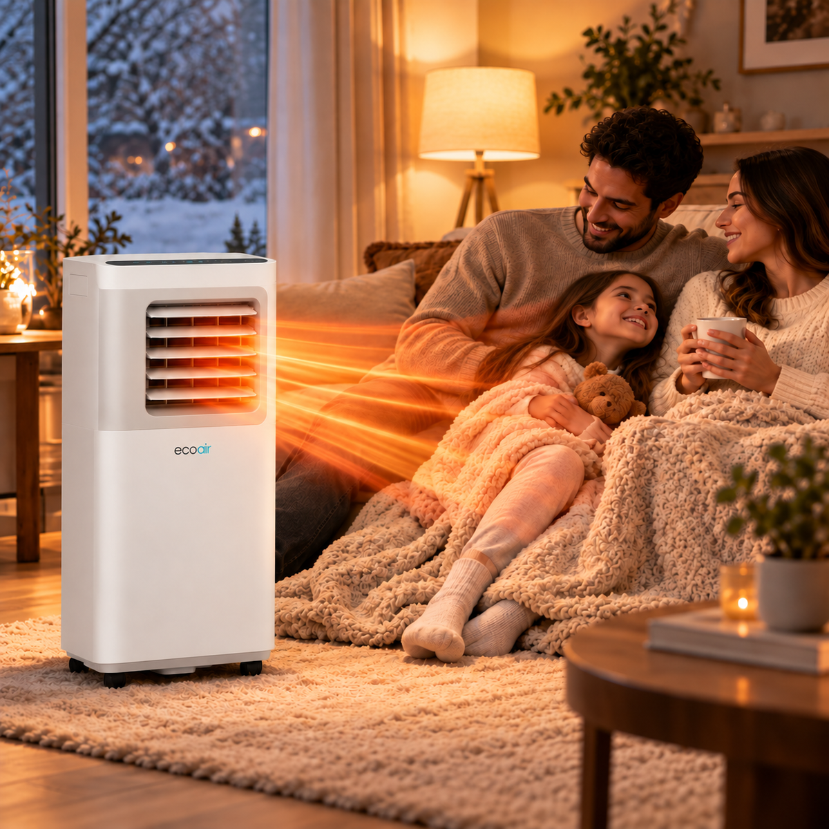 EcoAir Apollo 7K Portable Air Conditioner positioned beside a bed in a modern bedroom, offering convenient heating and cooling for year-round comfort.