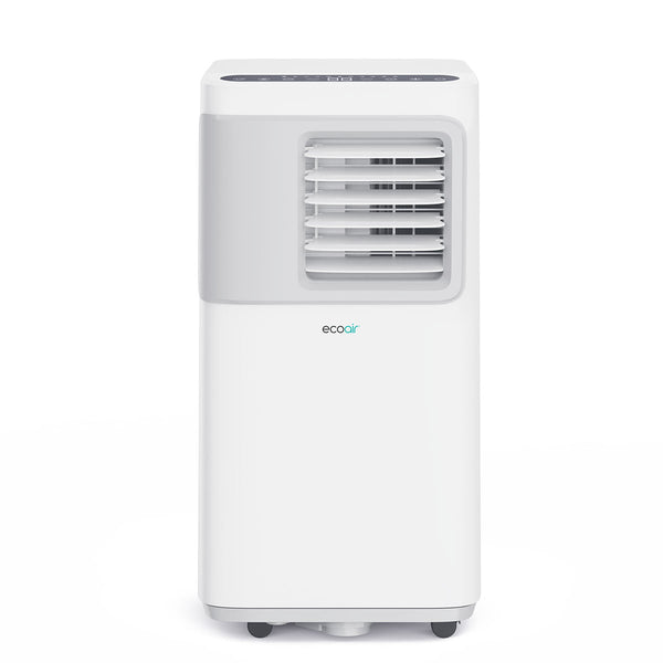 A white portable air conditioner with a gray front grille and the EcoAir logo, shown on a clean white background.