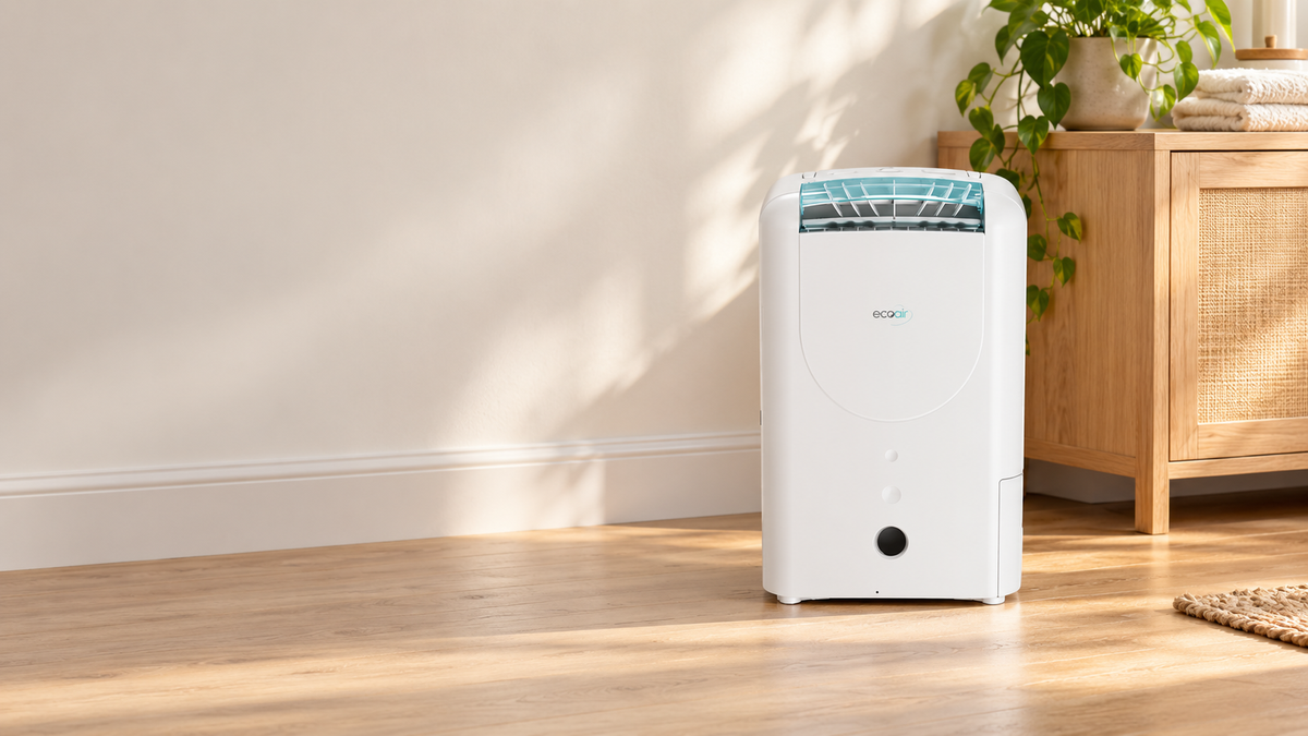 A white dehumidifier with a blue-green top panel stands on a light wood floor in a sunlit room next to a wooden cabinet and potted plant.