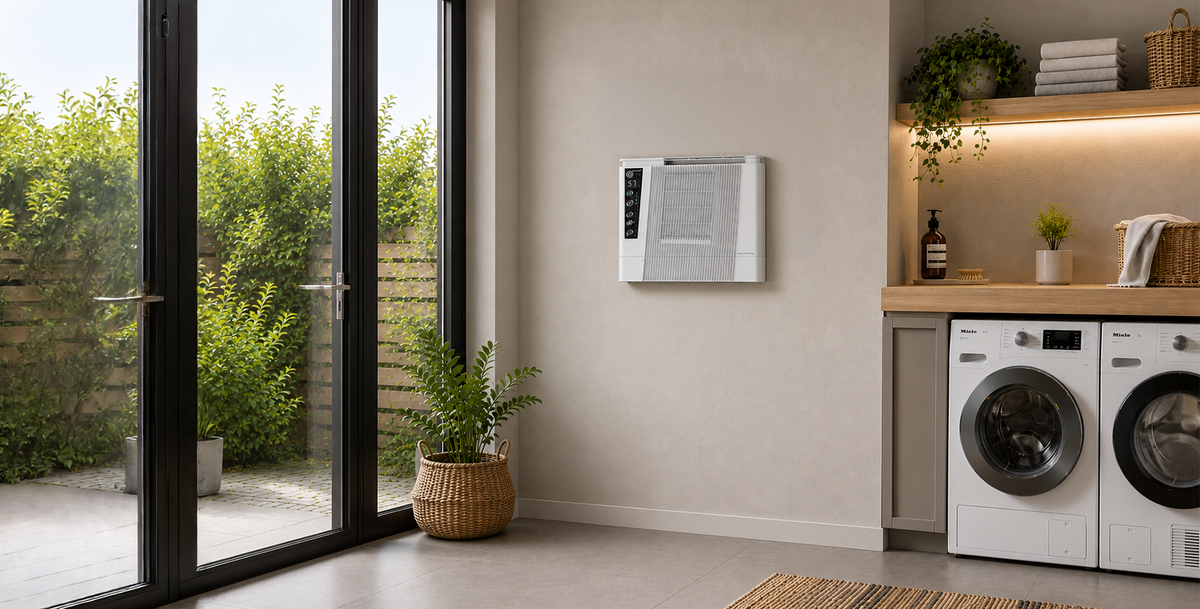 A wall-mounted window air conditioner in a modern laundry room setting with a washing machine and dryer, large glass doors, and indoor plants.
