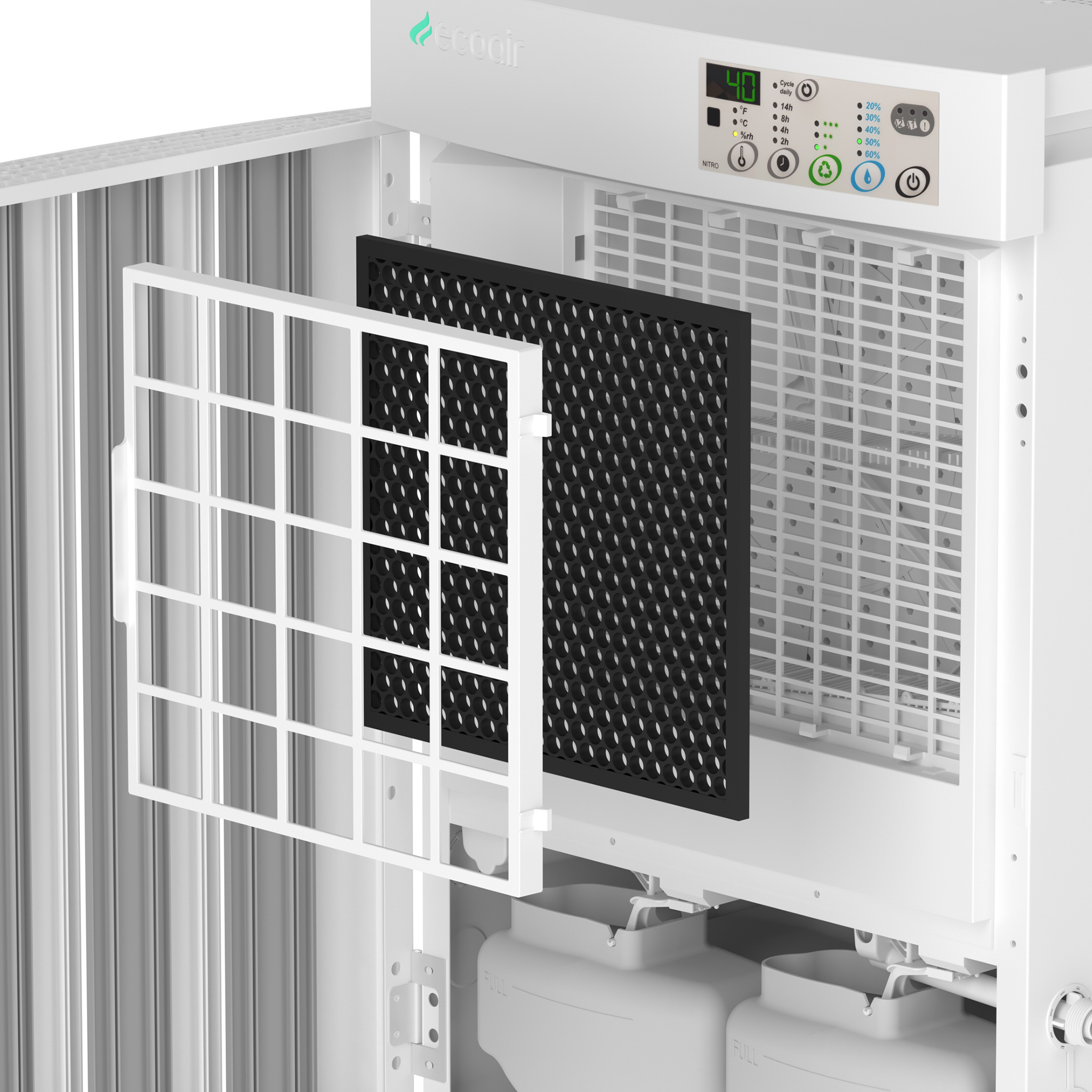 EcoAir DROID Desiccant Dehumidifier 25L 5 C to 40 C Dual Tanks Active Charcoal Filter IP24 Daily On Off Timer Up to 220m Filter