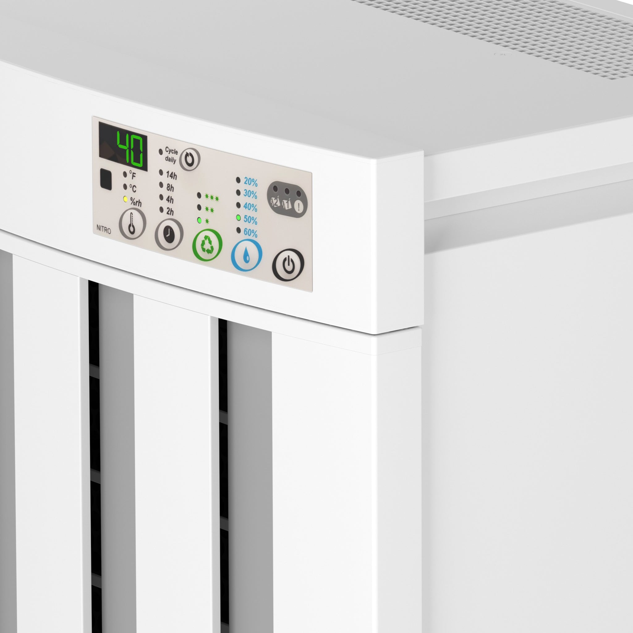 EcoAir DROID Desiccant Dehumidifier 25L 5 C to 40 C Dual Tanks Active Charcoal Filter IP24 Daily On Off Timer Up to 220m Front View