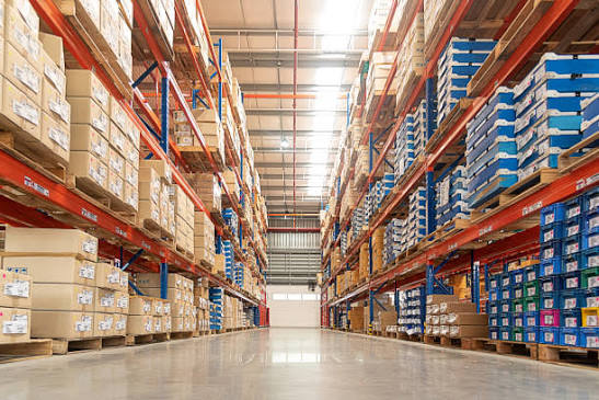 Warehouse interior with shelves stocked with boxes and pallets