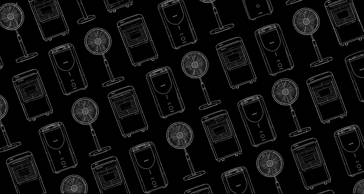 A repeating pattern of white line drawings showing portable air conditioners, fans, and heaters on a solid black background.