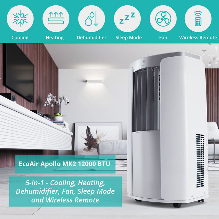Heat Pump Portable Air Conditioner with Carbon Filter | 5-in-1 Cool Heat Dehumidifier Fan | FREE Window Seal & Window Kit | Apollo MK2 12k BTU