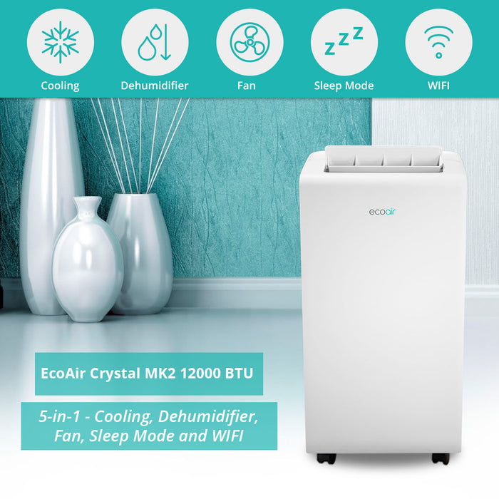 EcoAir 6-in-1 Portable Air Conditioner 12000 BTU with Smart App & Remote Control. Powerful Energy Saving Air Conditioning with Energy Efficiency Rating Class A | Free Window Seal Kit | Crystal MK2